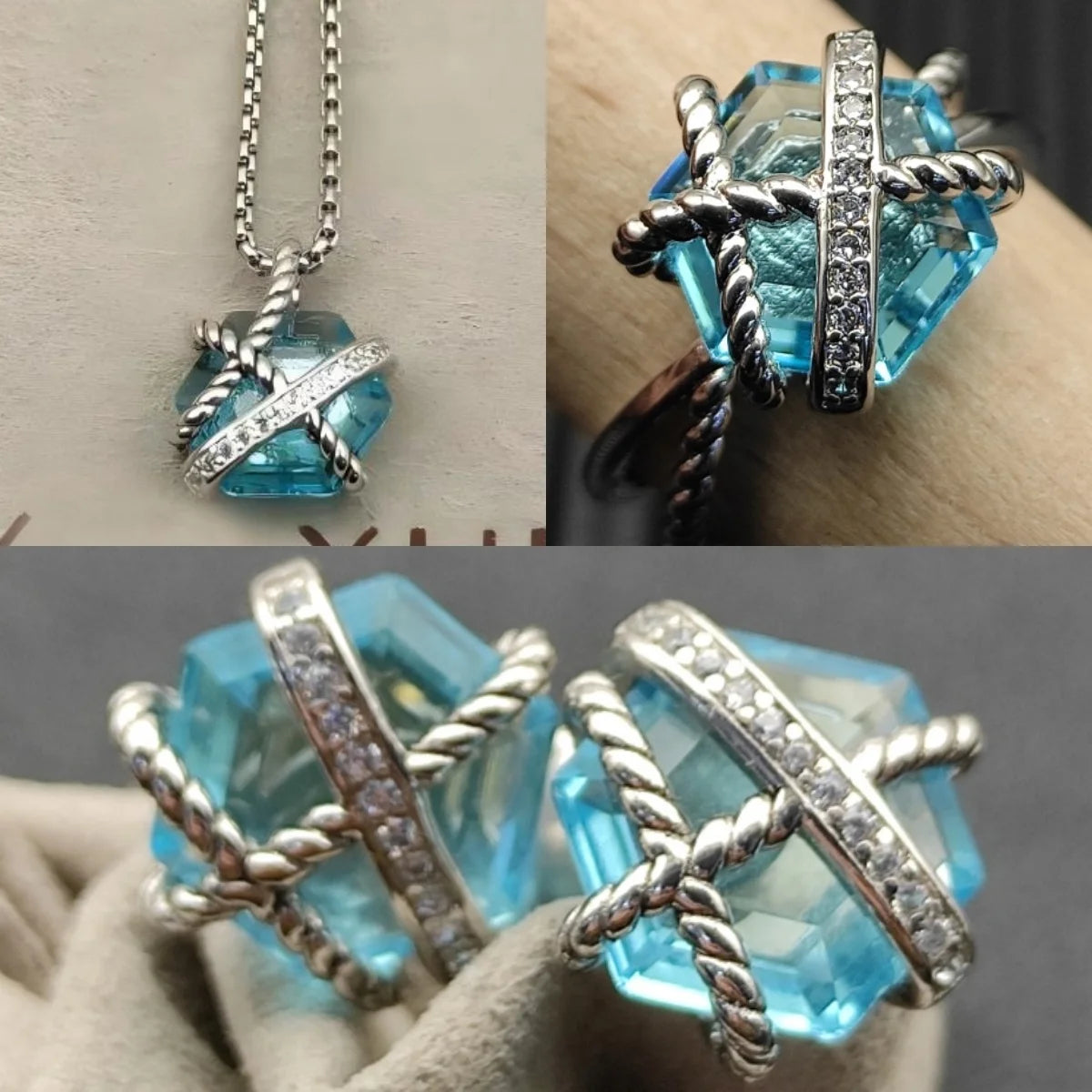 Earring Necklace Ring Set Sterling Silver 925.