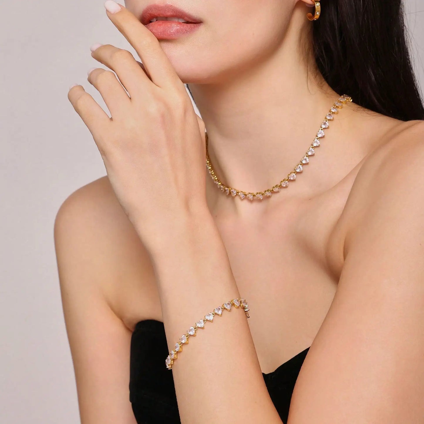 Tennis Necklace And Bracelet With 4mm Heart CZ Stones