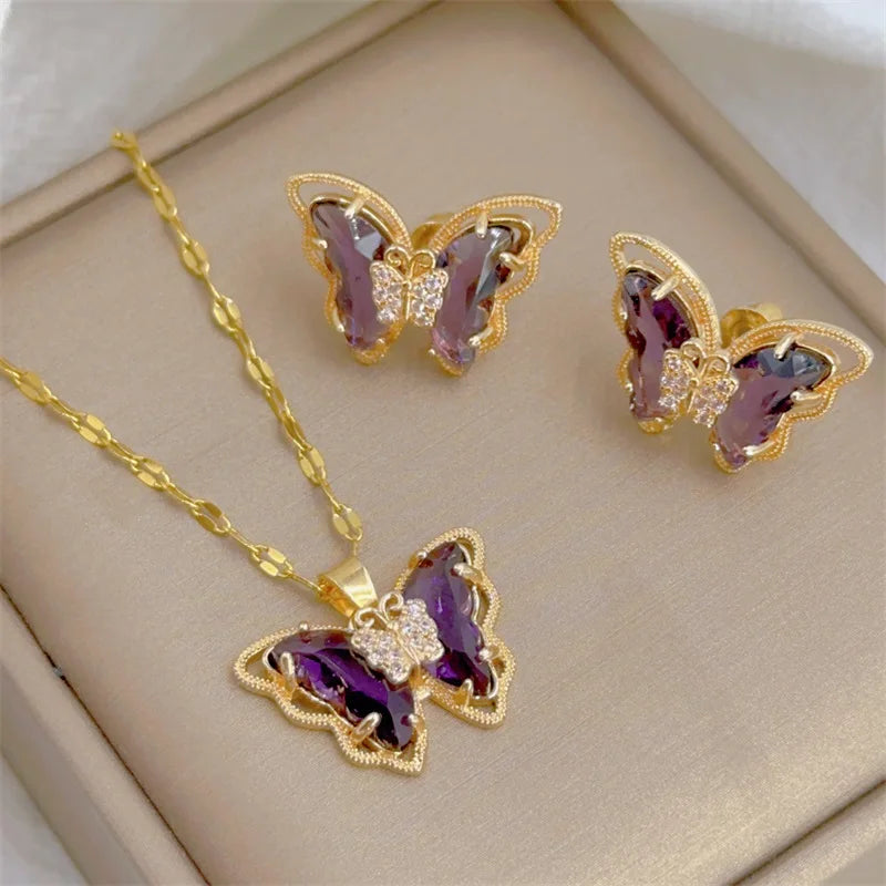 Butterfly Necklace And Earrings Set Stainless Steel Jewelry