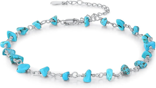 BETHZA Jewelry Raw Turquoise Gem Ankle Bracelet 925 Silver Adjustable