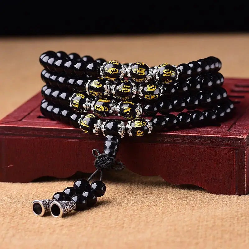 Obsidian Bracelet 108 Beads Om Mani Padme Hum Beaded Unisex