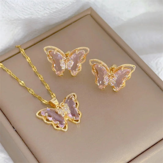 Butterfly Necklace And Earrings Set Stainless Steel Jewelry