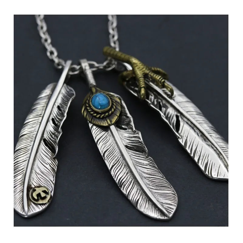Turquoise Necklace Chicken Feet Feather Pendant With Thai Silver