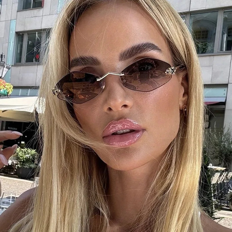 Sunglasses Frameless Diamond Shaped Leopard UV400 Small Frame