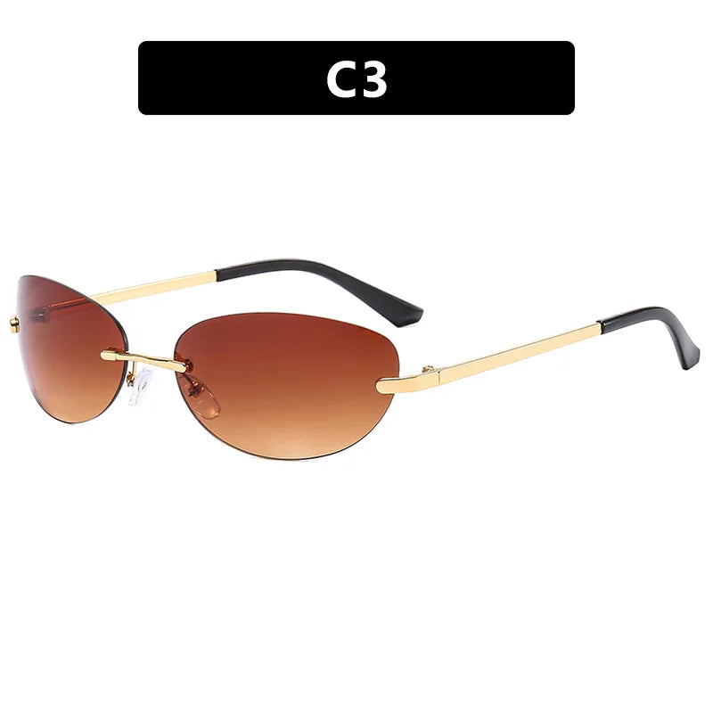 Rimless Women Sunglasses Oval Wrap Around Gradient Lenses