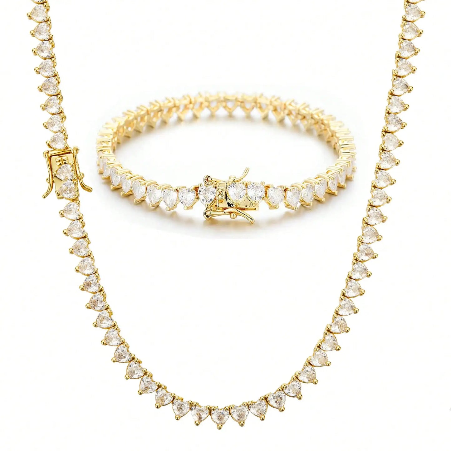 Tennis Necklace And Bracelet With 4mm Heart CZ Stones