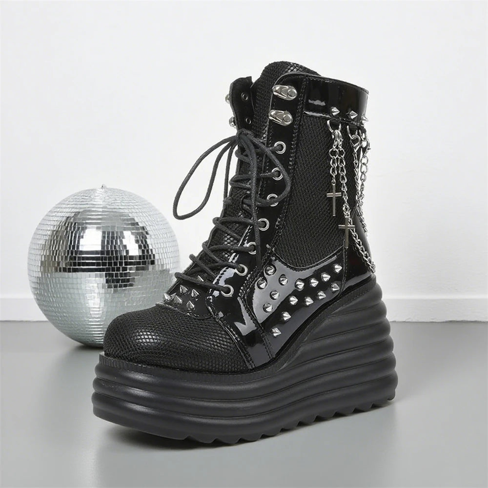 Women Boots Wedges With Chain Rivet Decor