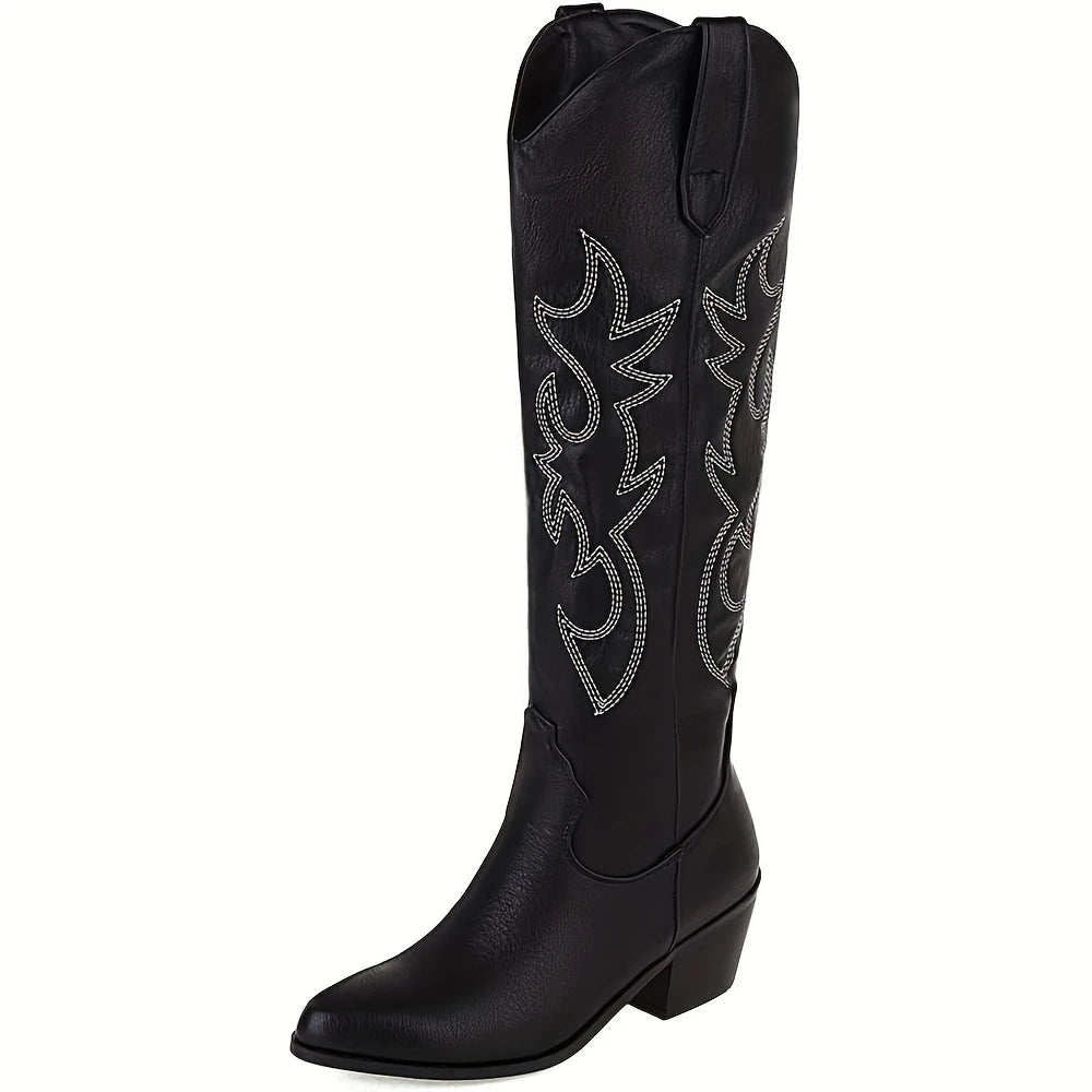 Western Knee-High Boots Women Embroidered