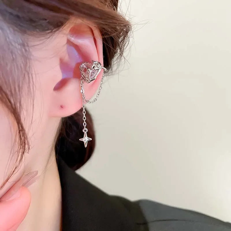 Earring Clip Crystal Heart Tassel Ear Cuff