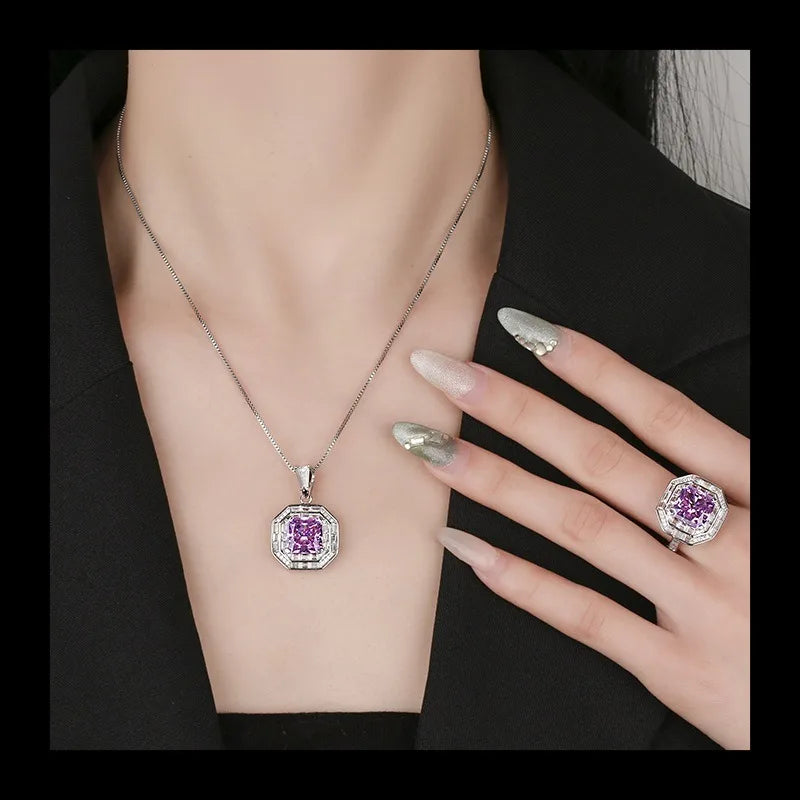 Necklace Ring Set Diamond Ice Flower Cut Square