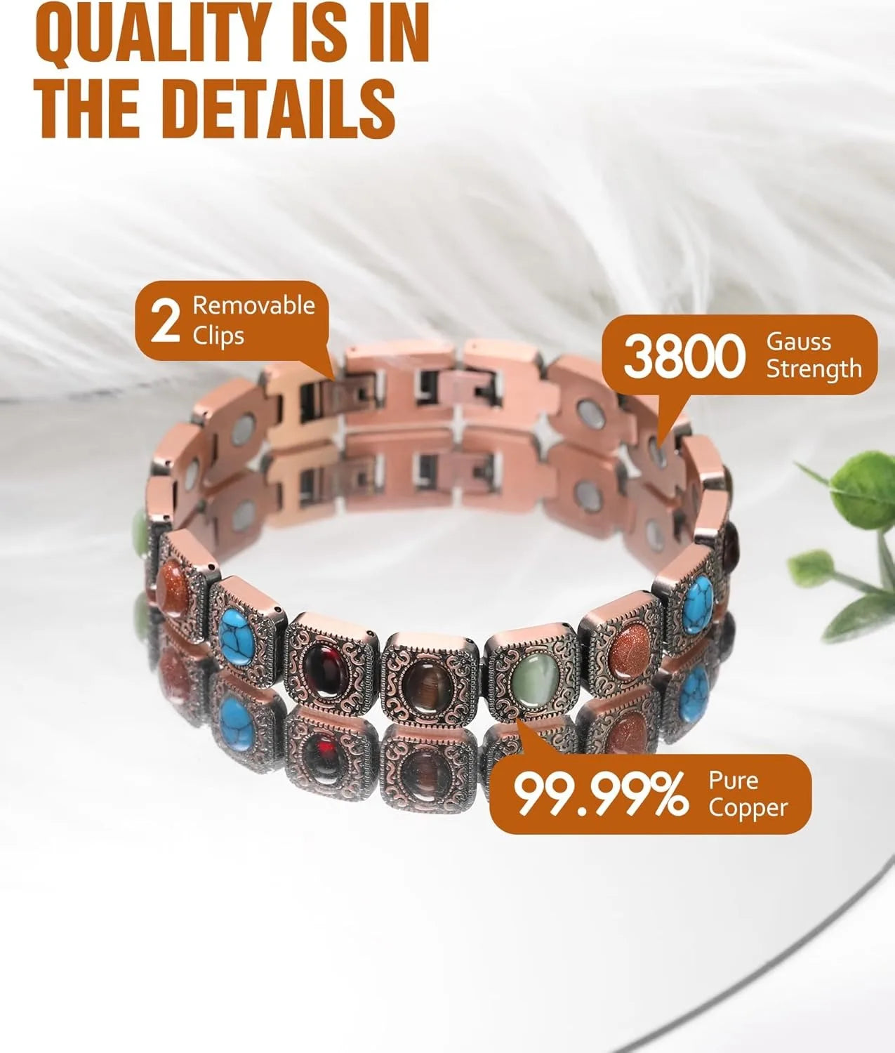 Pure Copper Magnetic Bracelet Turquoise Stones Adjustable Unisex Jewelry