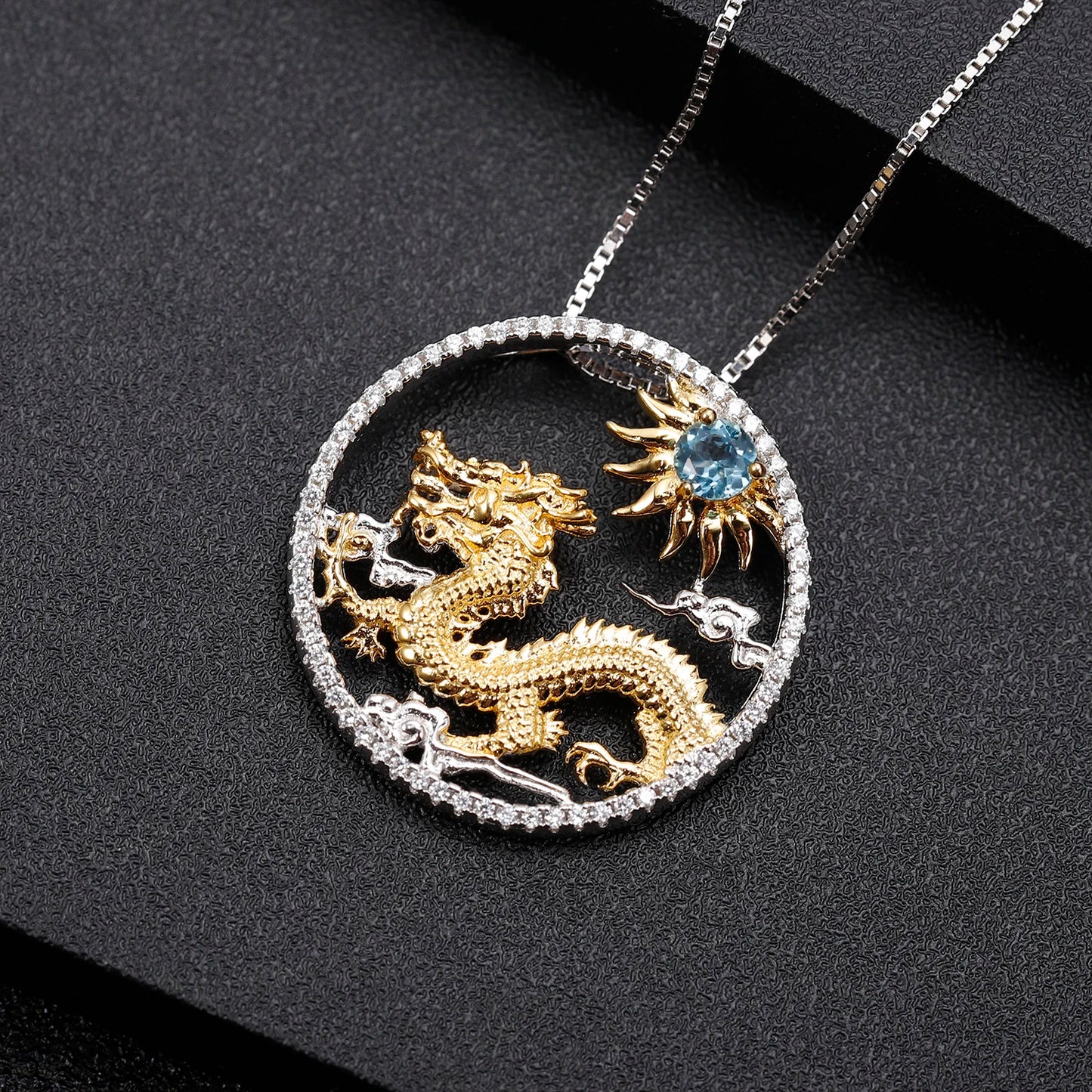 925 Necklace Silver Blue Topaz Dragon Pendant