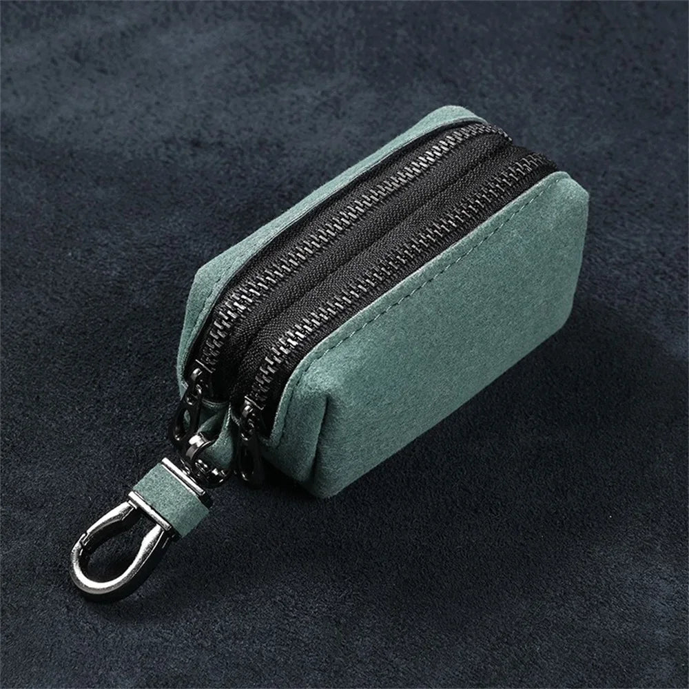 NONECN Faux Suede Key Wallet Unisex Large Capacity Double Zipper