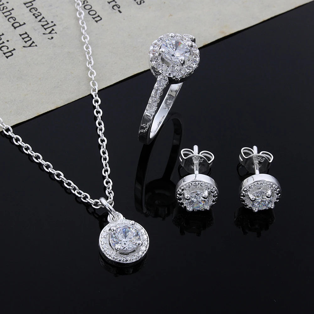 Sterling Silver Crystal CZ Jewelry Set Necklace Earrings Ring Women