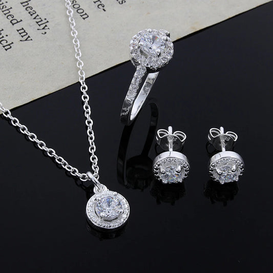 Sterling Silver Crystal CZ Jewelry Set Necklace Earrings Ring Women