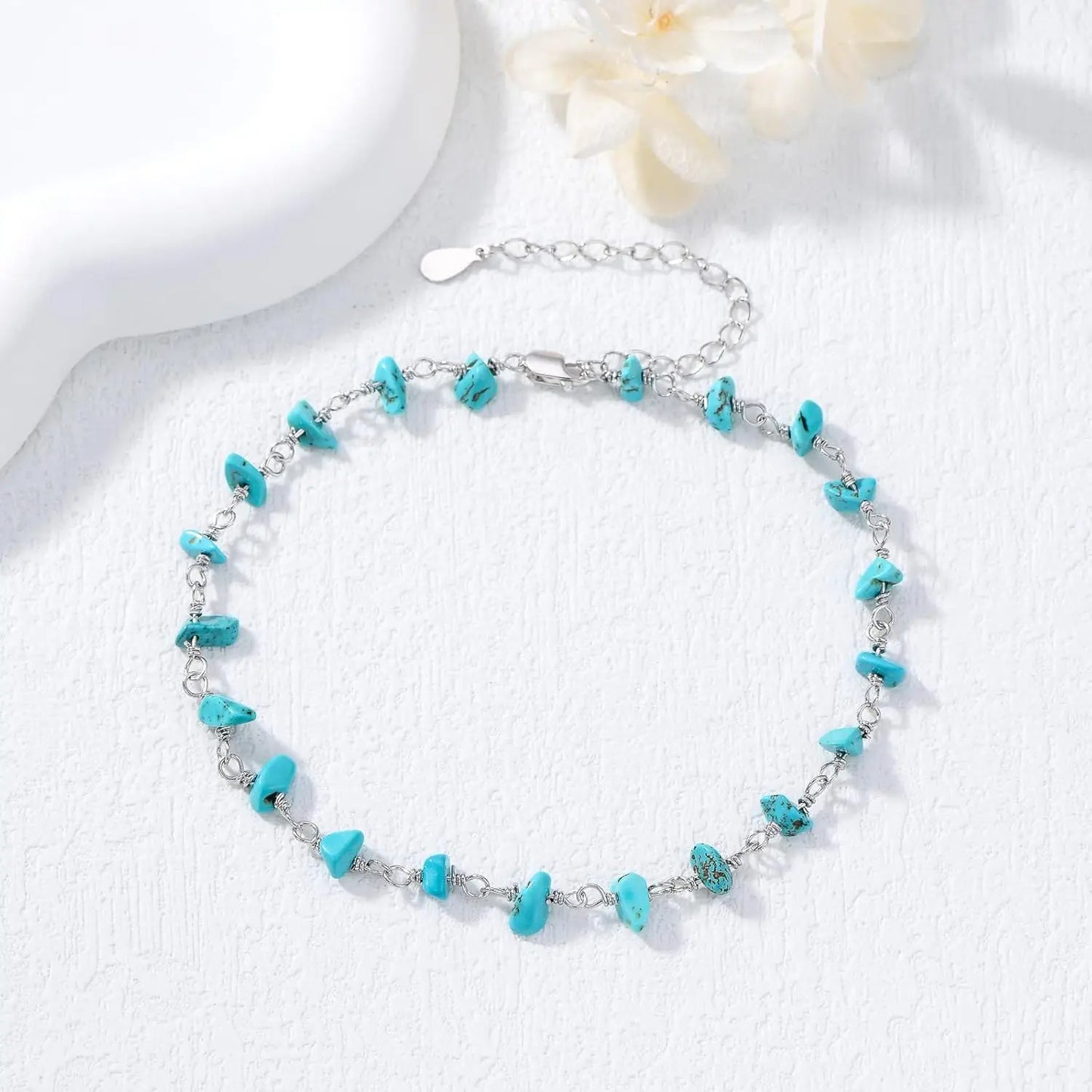 BETHZA Jewelry Raw Turquoise Gem Ankle Bracelet 925 Silver Adjustable