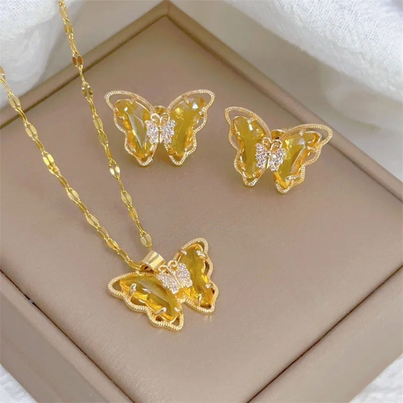 Butterfly Necklace And Earrings Set Stainless Steel Jewelry