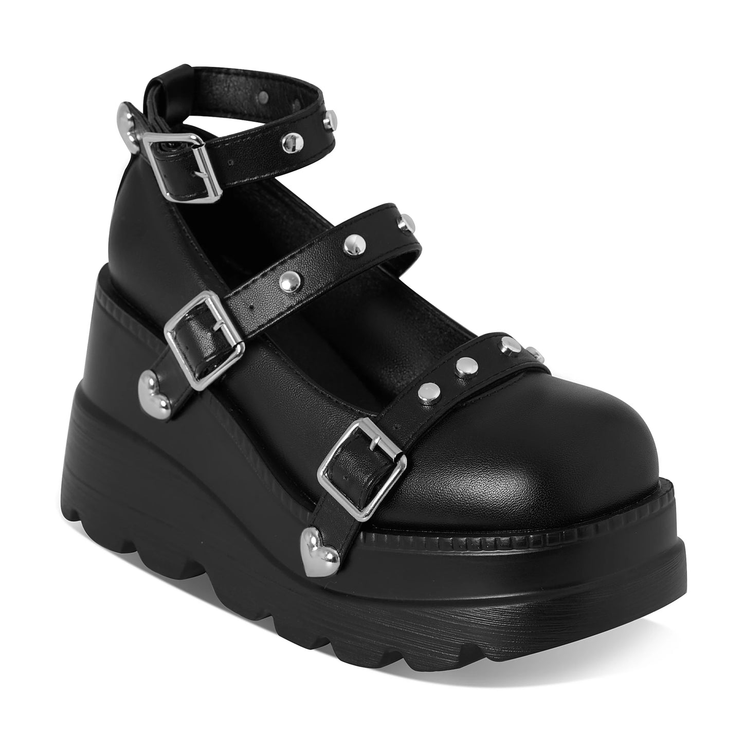 Pumps With Buckle Studded Round Toe