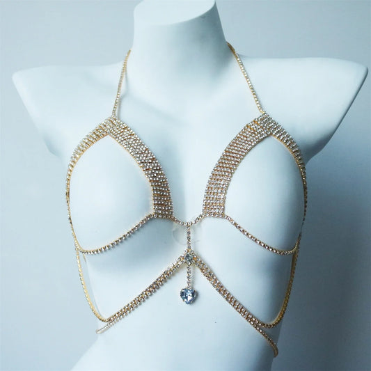 Sexy Shining Love Crystal Chest Chain Pendant Jewelry Nightclub Party Bikini Rhinestone Chest Chain Underwear Dressing