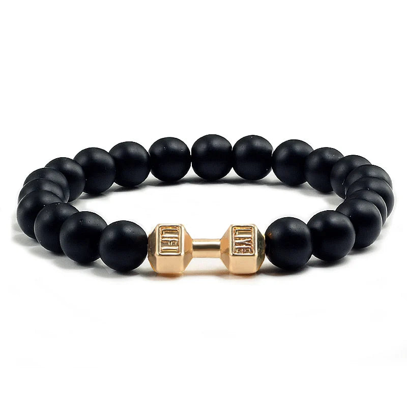 Bracelet Natural Volcanic Stone Matte Black Lave White Beads
