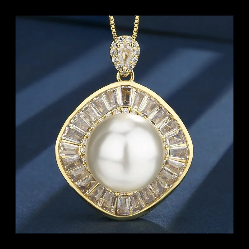Earrings Ring Necklace Gold Plated White Pearl Square