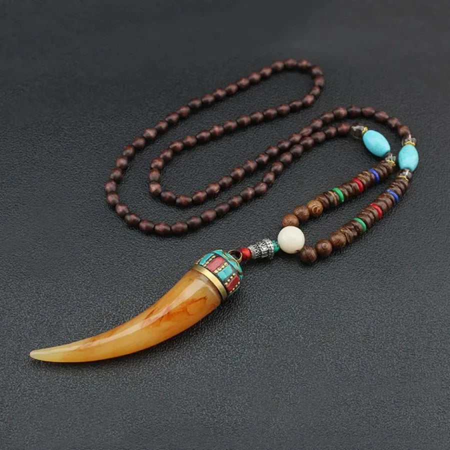 Vintage Nepal Buddhist Mala Necklace With Wood Beads Pendant Ethnic Jewelry
