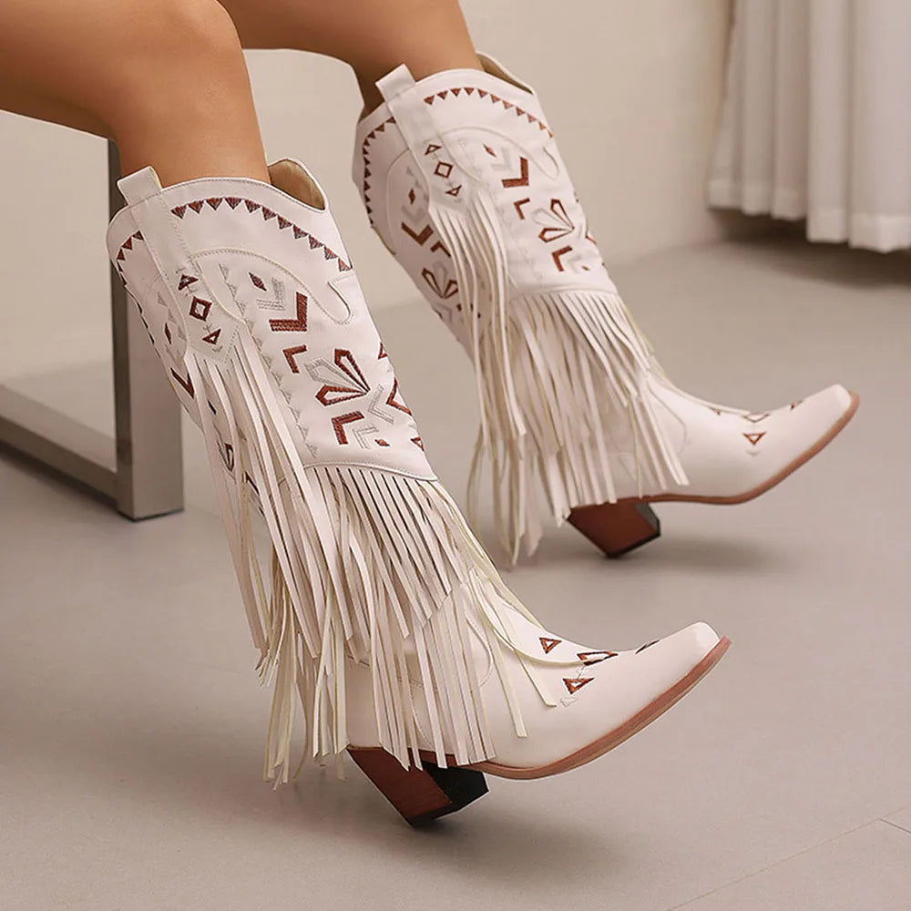 Women Western Boots Pointed Toe Chunky High Heel