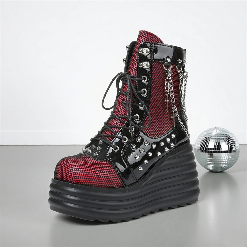 Women Boots Wedges With Chain Rivet Decor