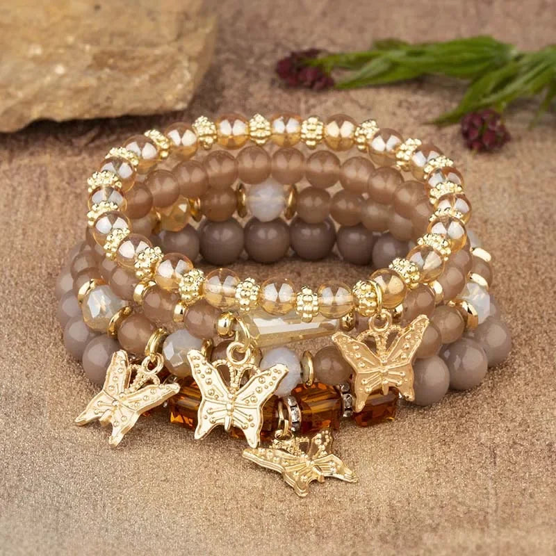 Bracelet Crystal Bead 4Pcs Butterfly Charm Set