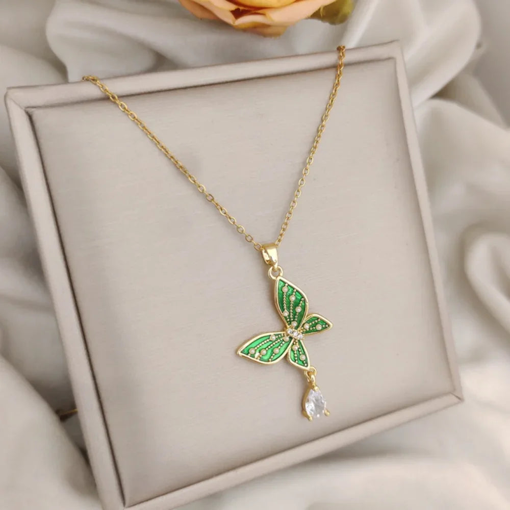 Pearl Butterfly Water Droplet Necklace Titanium