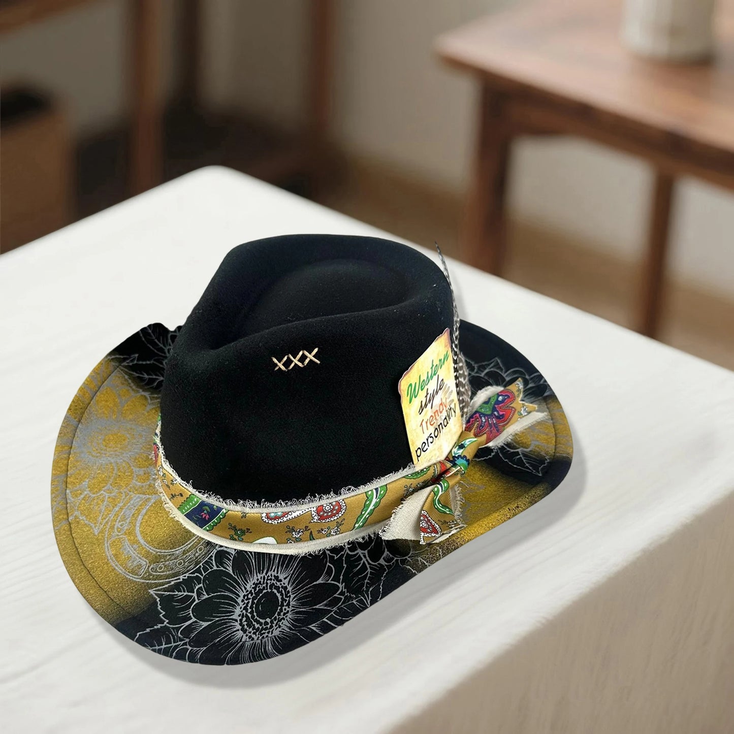 Hat Feather Print Wide Brim Cap
