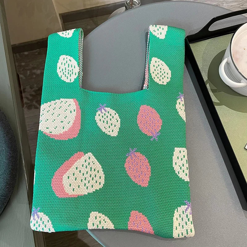 Knitted Strawberry Bow Wrist Handbag Pouch Top Handle Purse