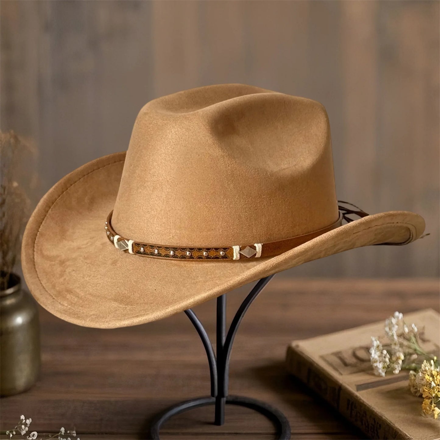 Cowboy Hat With Embellished Band Wide Brim