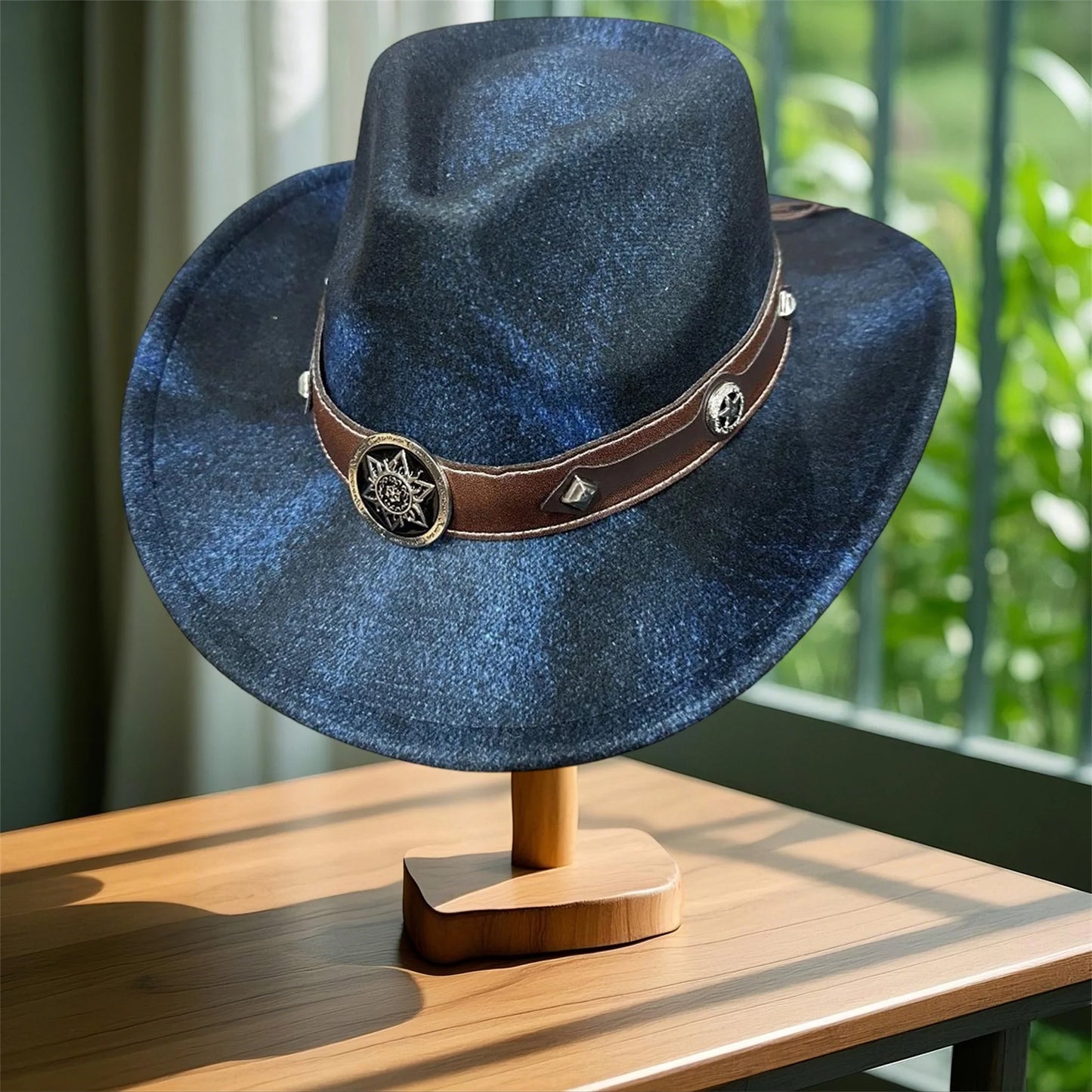 Denim Cowboy Hat With Wide Brim And Badge Belt