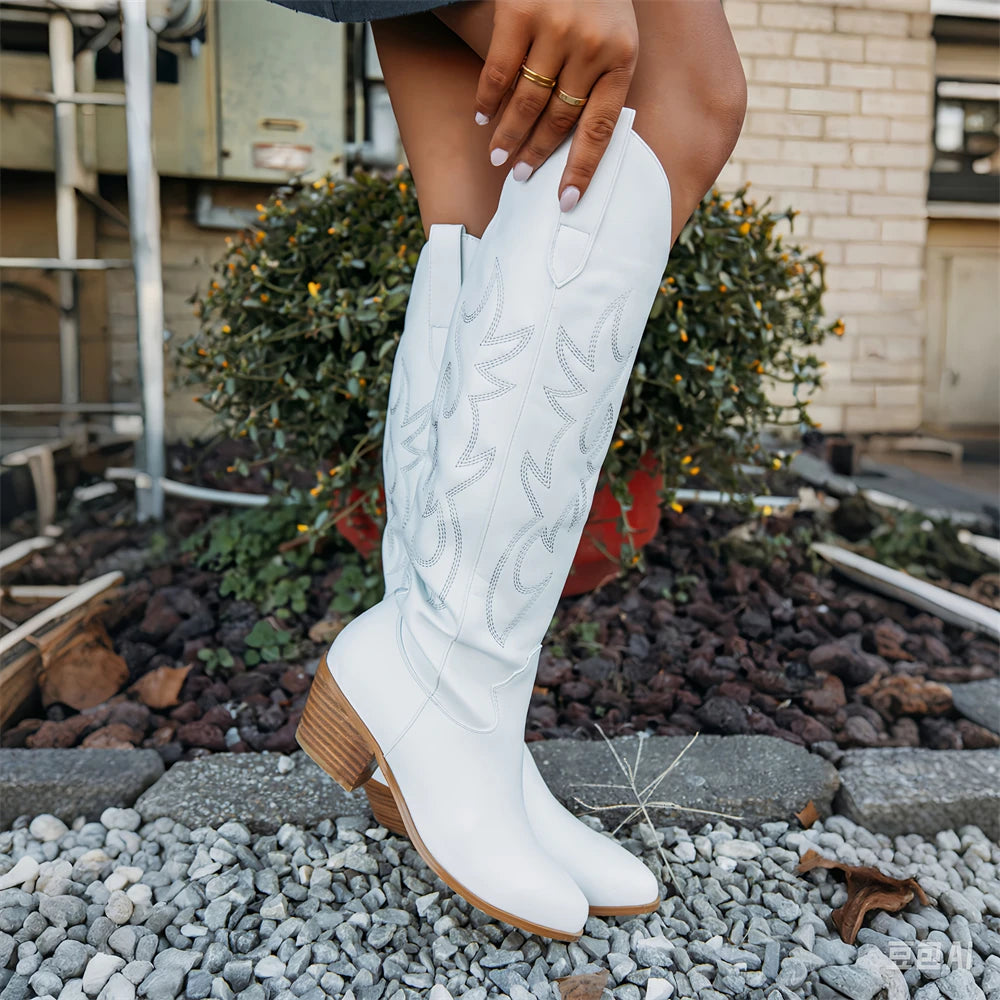 Western Knee-High Boots Women Embroidered