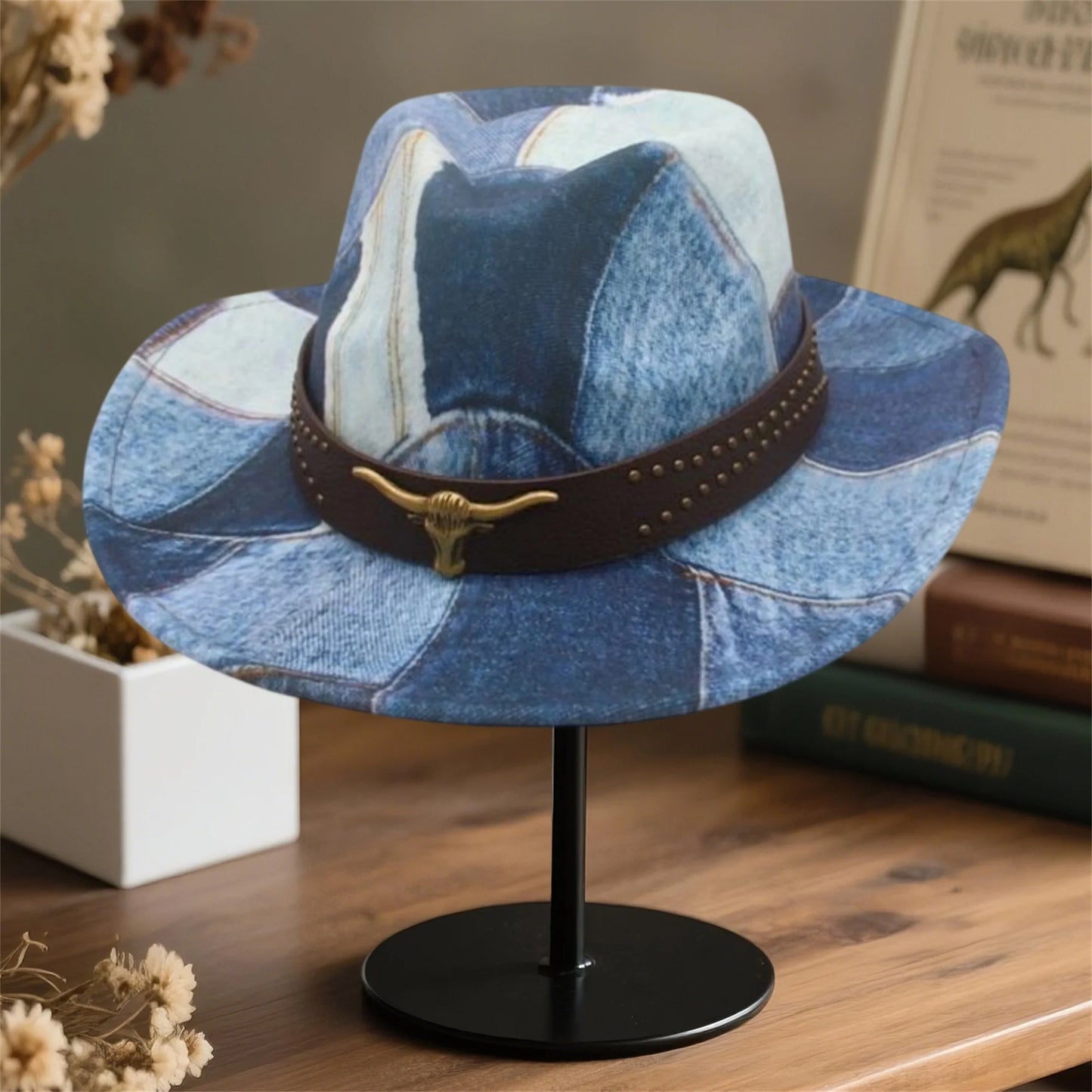 Denim Cowboy Hat With Bull Head Belt