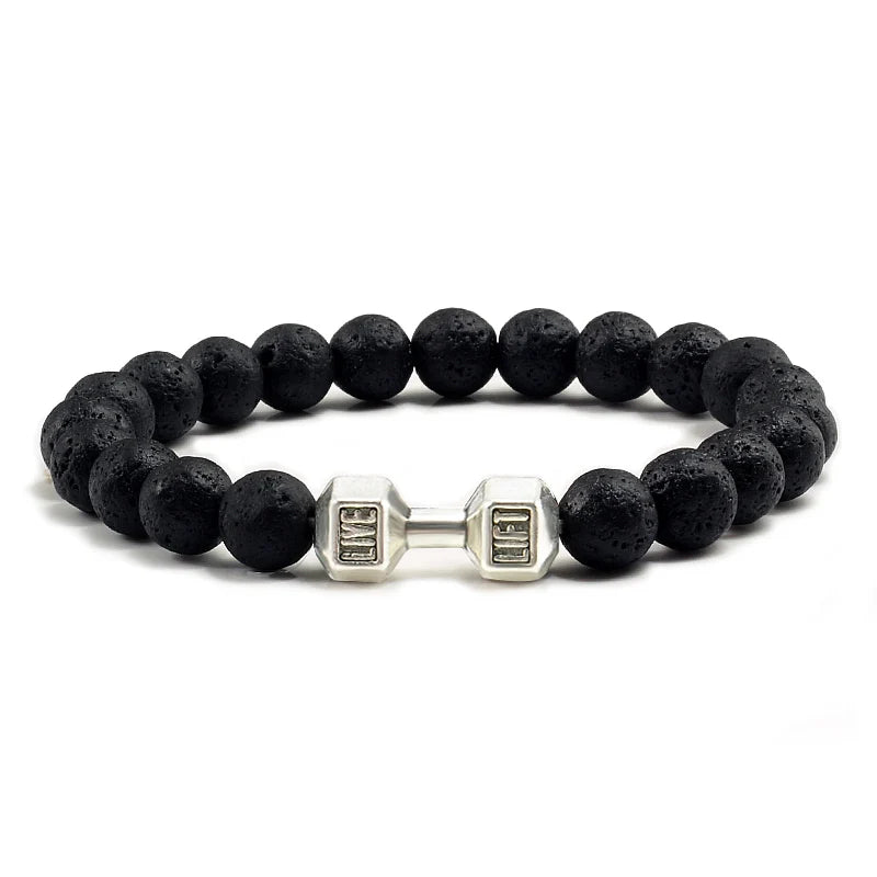 Bracelet Natural Volcanic Stone Matte Black Lave White Beads