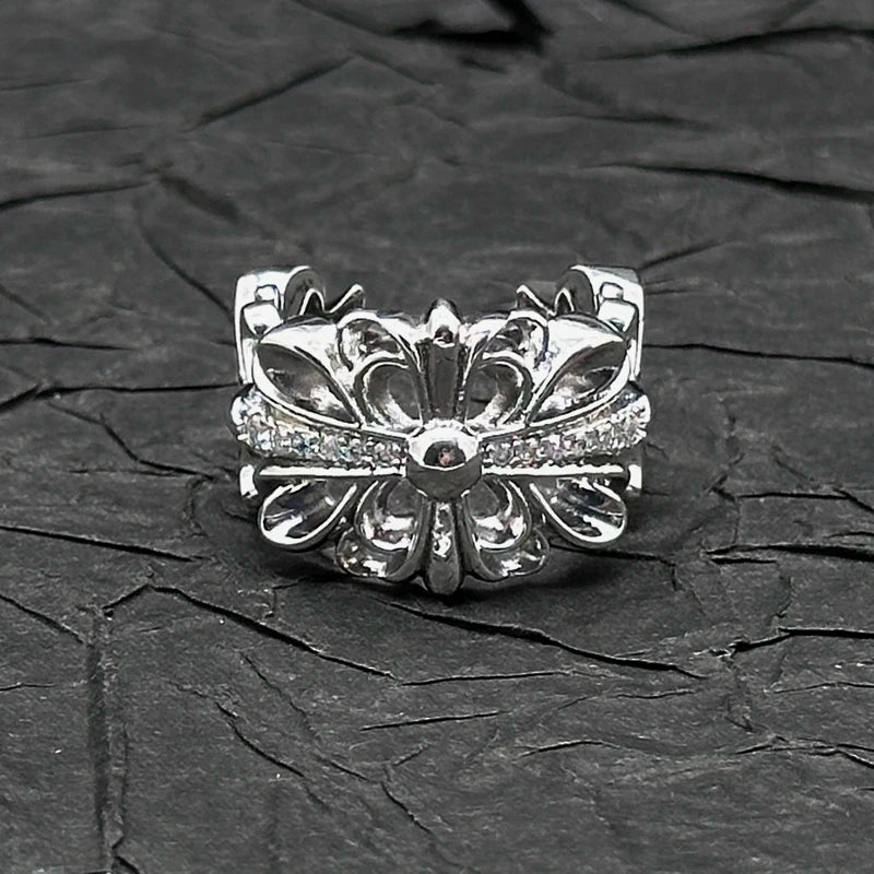 S925 Sterling Silver Open Cross Flower Ring With Diamonds