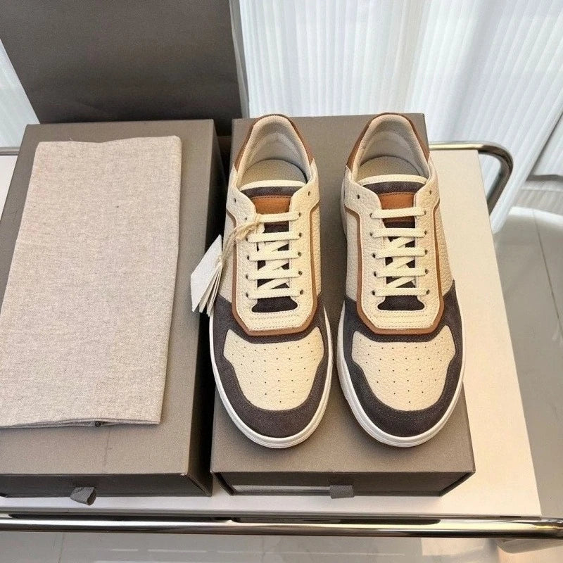 Men's Breathable Mesh And Cowhide Leather Sneakers Lace Up Trainers