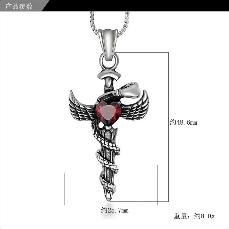 Angel Sword Necklace Pendant Titanium Steel With Red Opal