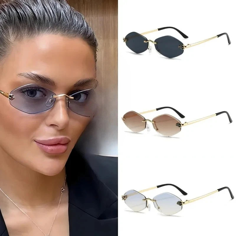 Sunglasses Frameless Diamond Shaped Leopard UV400 Small Frame