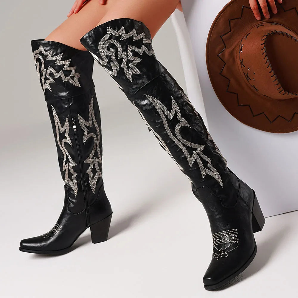 Western Boots Women Chunky Heel Square Toe Zipper