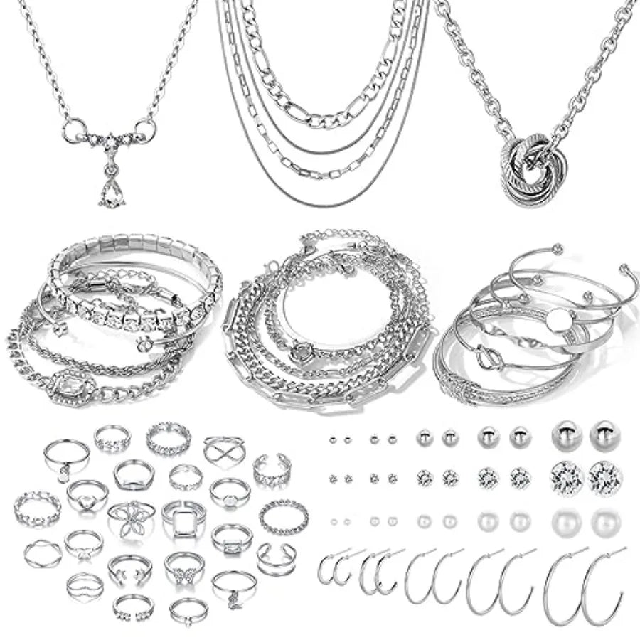 36 Piece Plated Jewelry Set With Necklaces Bracelets Knuckle Rings