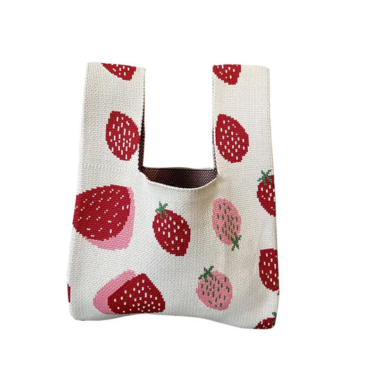 Knitted Strawberry Bow Wrist Handbag Pouch Top Handle Purse