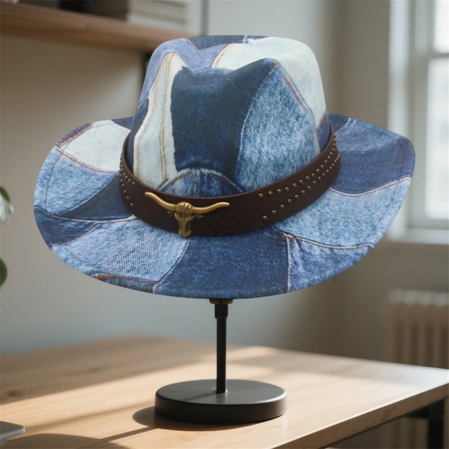 Denim Cowboy Hat With Bull Head Belt