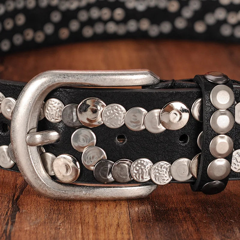 Leather Belt With Buckle Geometric Rivets Bokadiao