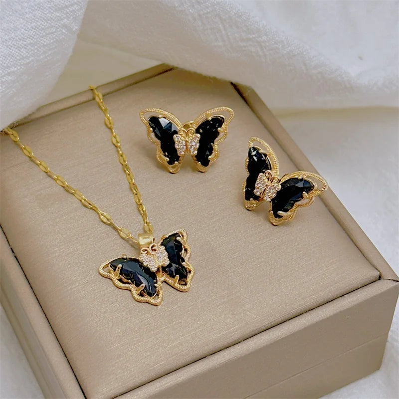 Butterfly Necklace And Earrings Set Stainless Steel Jewelry