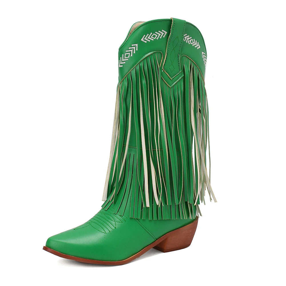 Boots Women Western Embroidery Tassel Chunky Heels