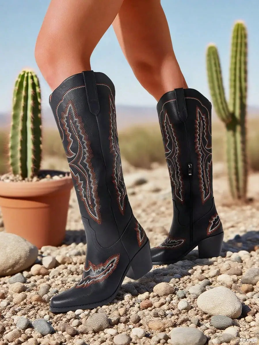 Boots For Women Point Toe Chunky Heels Knee High