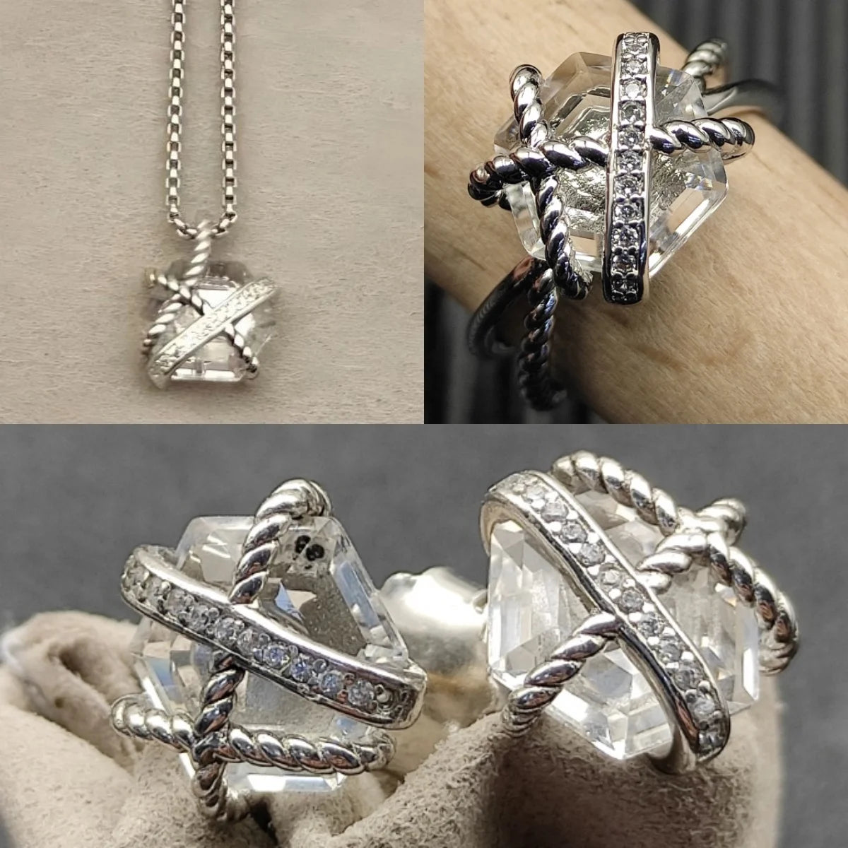 Earring Necklace Ring Set Sterling Silver 925.